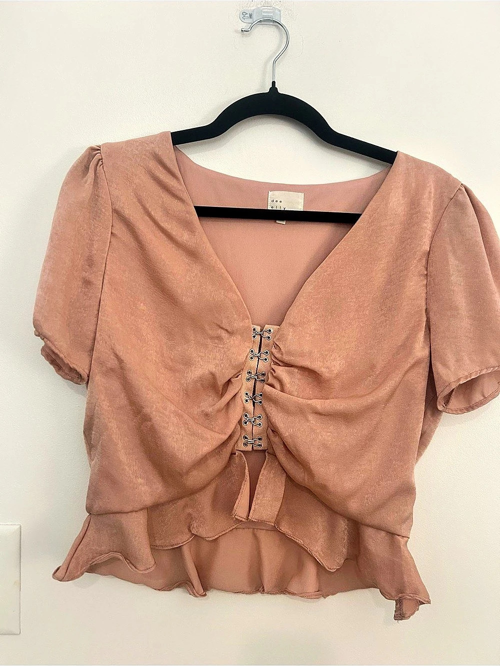 Dee Elly M Dusty Rose Cropped Corset Top Hook Eye Ruched Peplum Y2K Romantic